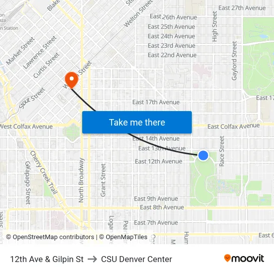 12th Ave & Gilpin St to CSU Denver Center map