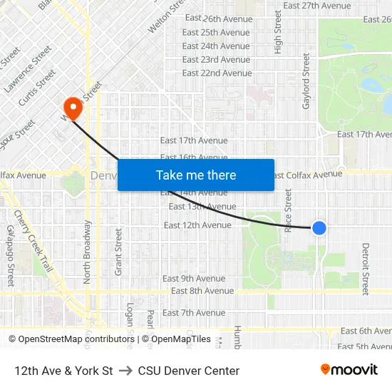 12th Ave & York St to CSU Denver Center map