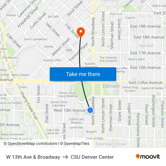 W 13th Ave & Broadway to CSU Denver Center map
