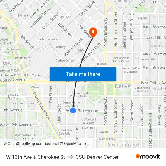 W 13th Ave & Cherokee St to CSU Denver Center map