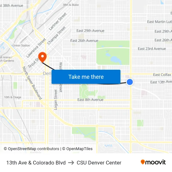 13th Ave & Colorado Blvd to CSU Denver Center map