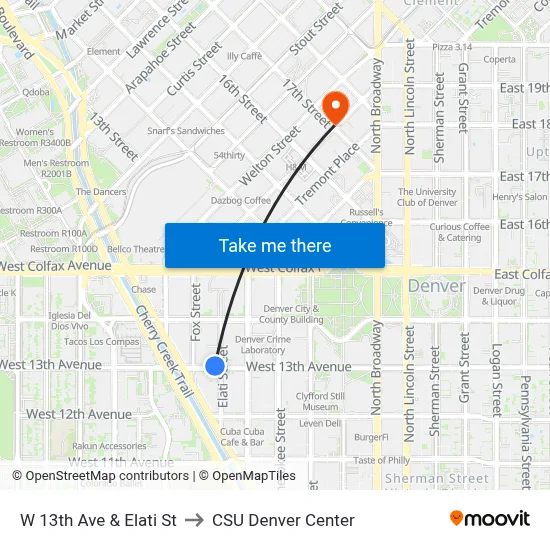 W 13th Ave & Elati St to CSU Denver Center map