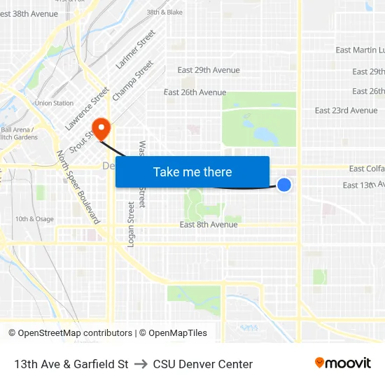 13th Ave & Garfield St to CSU Denver Center map