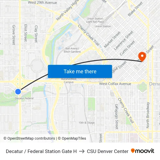 Decatur / Federal Station Gate H to CSU Denver Center map
