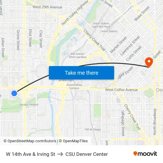 W 14th Ave & Irving St to CSU Denver Center map
