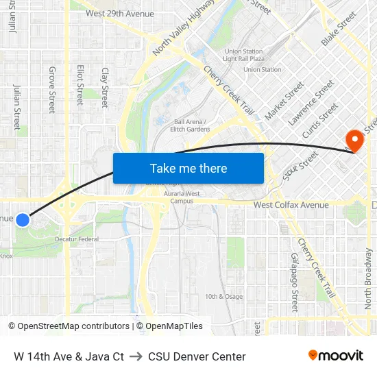 W 14th Ave & Java Ct to CSU Denver Center map