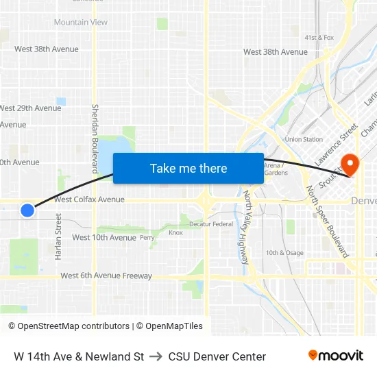 W 14th Ave & Newland St to CSU Denver Center map