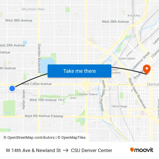 W 14th Ave & Newland St to CSU Denver Center map