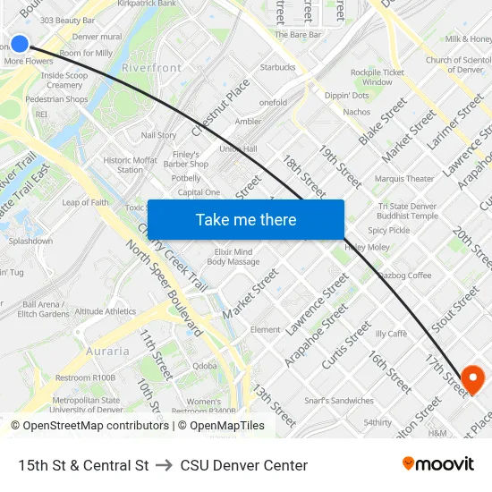 15th St & Central St to CSU Denver Center map