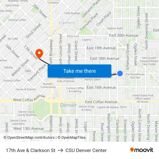 17th Ave & Clarkson St to CSU Denver Center map