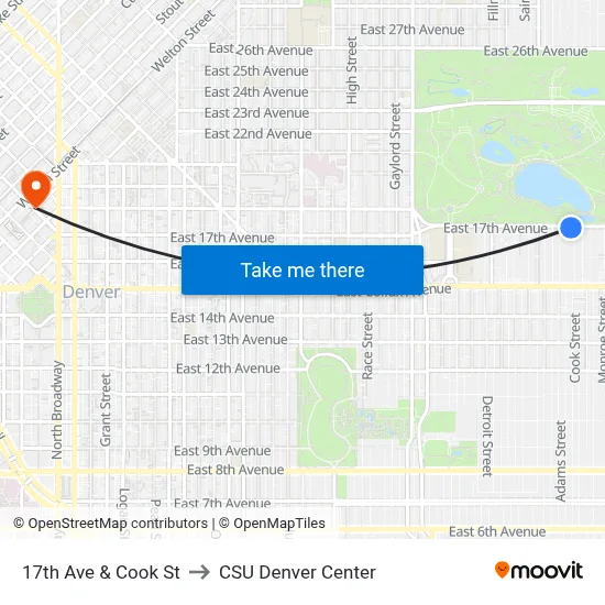 17th Ave & Cook St to CSU Denver Center map