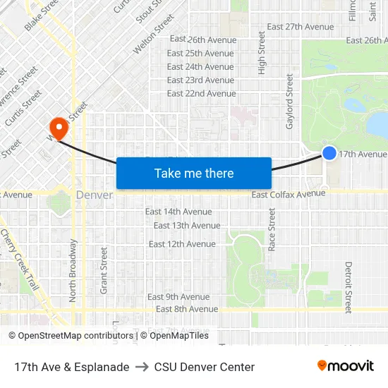 17th Ave & Esplanade to CSU Denver Center map