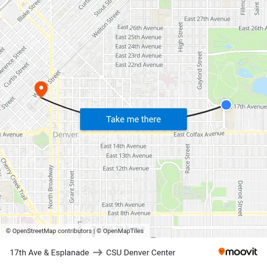 17th Ave & Esplanade to CSU Denver Center map