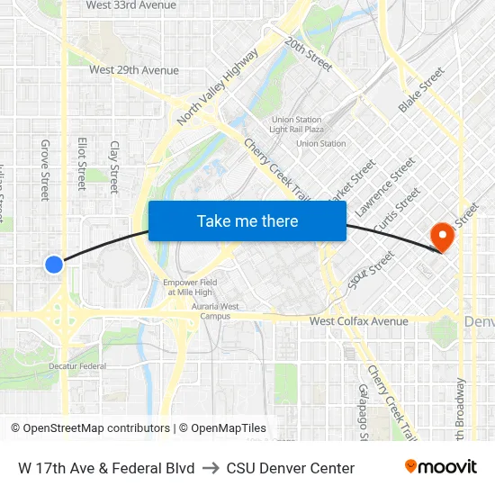 W 17th Ave & Federal Blvd to CSU Denver Center map