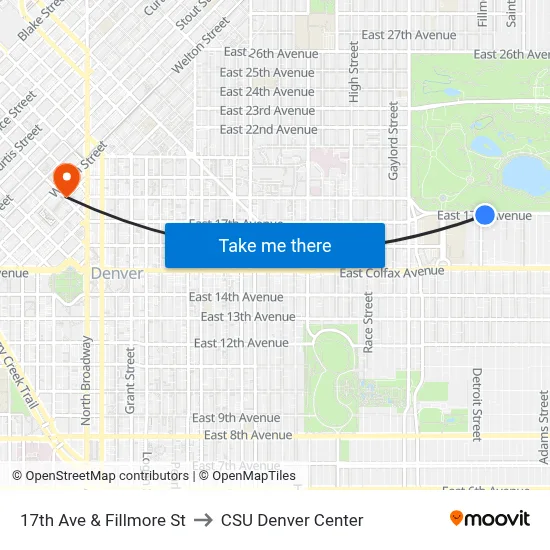 17th Ave & Fillmore St to CSU Denver Center map
