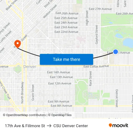 17th Ave & Fillmore St to CSU Denver Center map