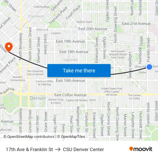 17th Ave & Franklin St to CSU Denver Center map
