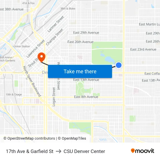 17th Ave & Garfield St to CSU Denver Center map