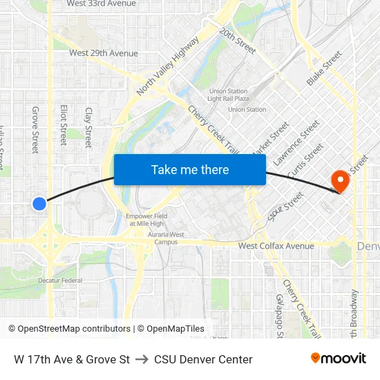 W 17th Ave & Grove St to CSU Denver Center map