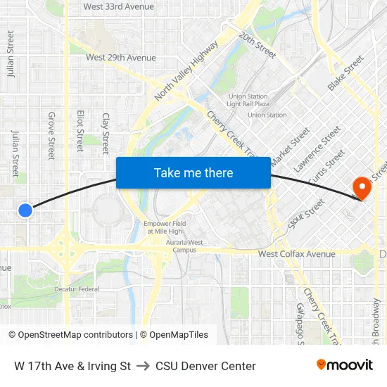 W 17th Ave & Irving St to CSU Denver Center map