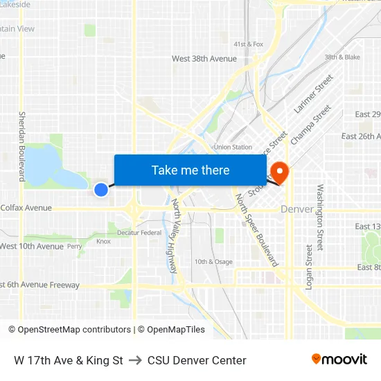 W 17th Ave & King St to CSU Denver Center map