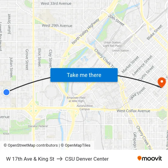 W 17th Ave & King St to CSU Denver Center map