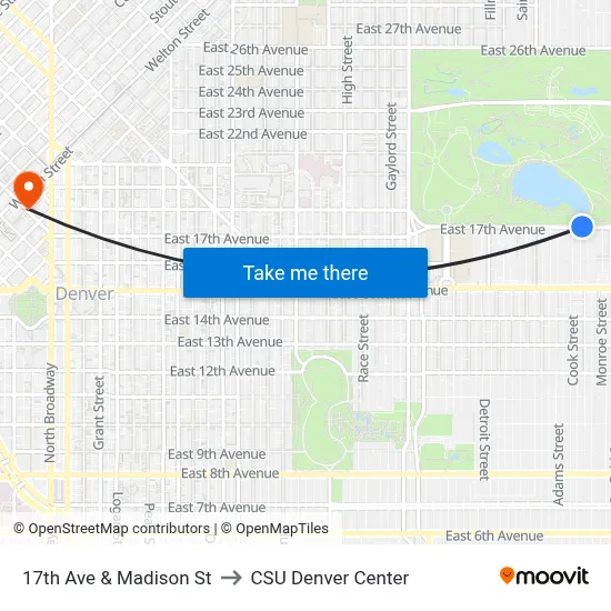 17th Ave & Madison St to CSU Denver Center map