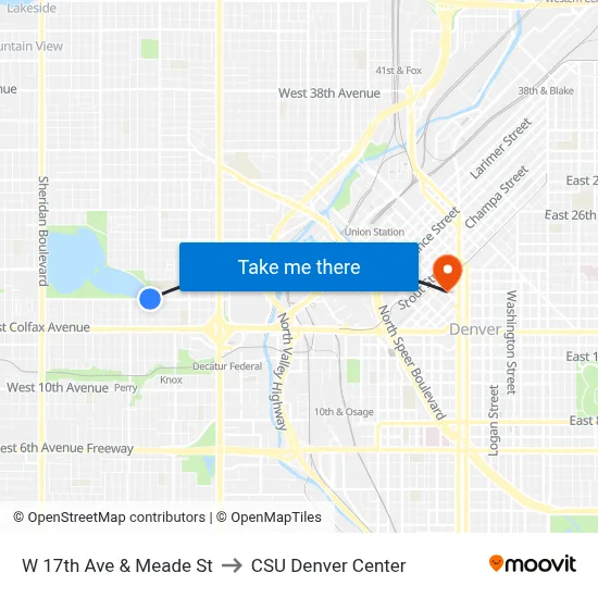 W 17th Ave & Meade St to CSU Denver Center map