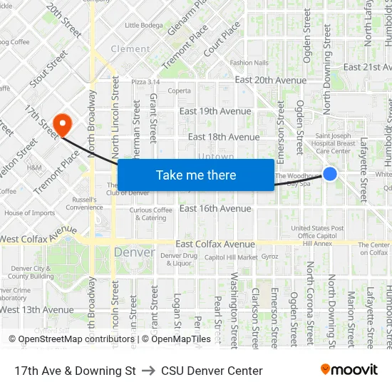 17th Ave & Downing St to CSU Denver Center map