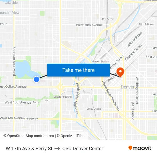 W 17th Ave & Perry St to CSU Denver Center map