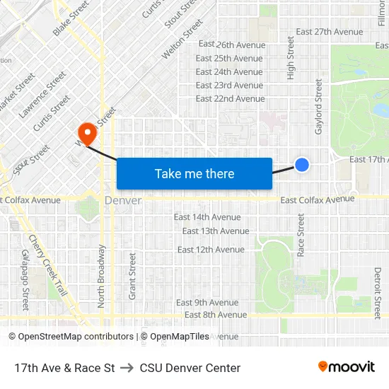 17th Ave & Race St to CSU Denver Center map