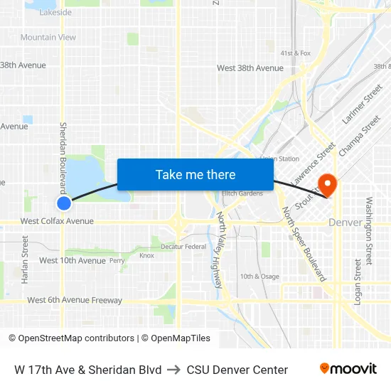 W 17th Ave & Sheridan Blvd to CSU Denver Center map