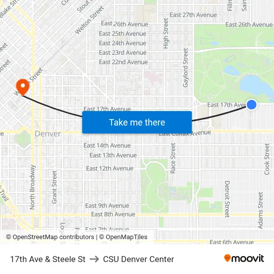 17th Ave & Steele St to CSU Denver Center map