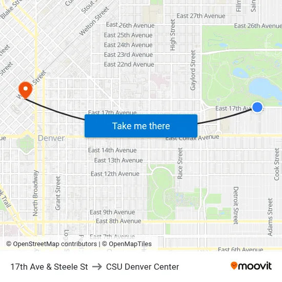 17th Ave & Steele St to CSU Denver Center map