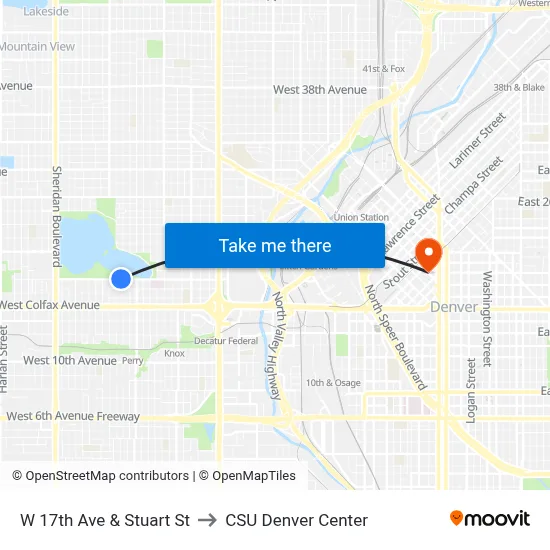 W 17th Ave & Stuart St to CSU Denver Center map
