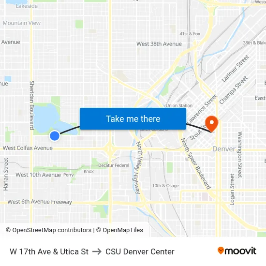 W 17th Ave & Utica St to CSU Denver Center map
