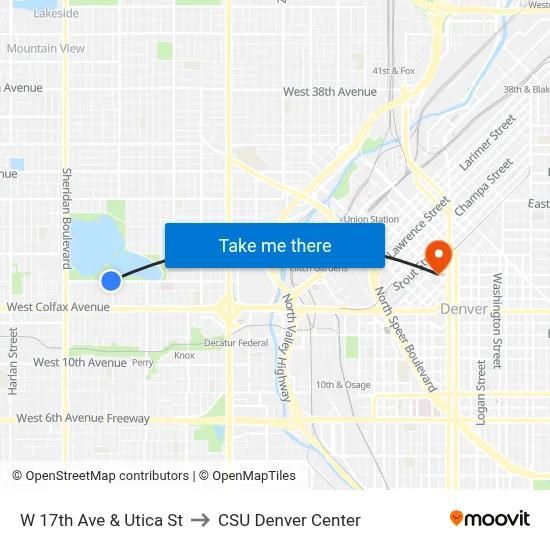 W 17th Ave & Utica St to CSU Denver Center map