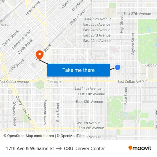 17th Ave & Williams St to CSU Denver Center map