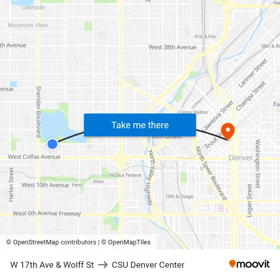 W 17th Ave & Wolff St to CSU Denver Center map