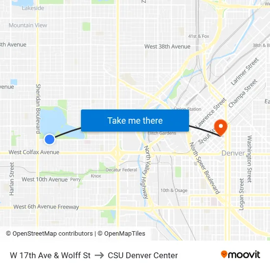 W 17th Ave & Wolff St to CSU Denver Center map