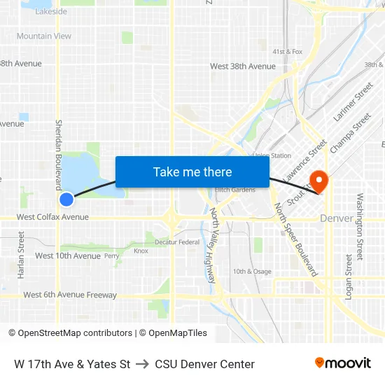 W 17th Ave & Yates St to CSU Denver Center map