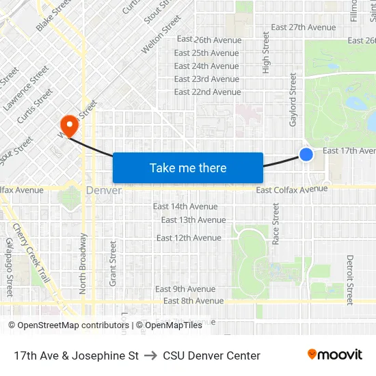 17th Ave & Josephine St to CSU Denver Center map