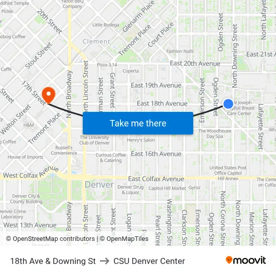 18th Ave & Downing St to CSU Denver Center map