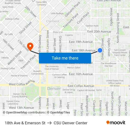 18th Ave & Emerson St to CSU Denver Center map