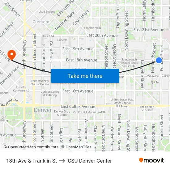 18th Ave & Franklin St to CSU Denver Center map