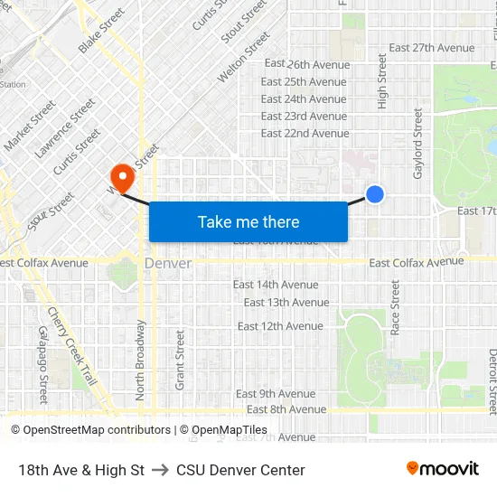 18th Ave & High St to CSU Denver Center map
