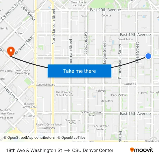 18th Ave & Washington St to CSU Denver Center map