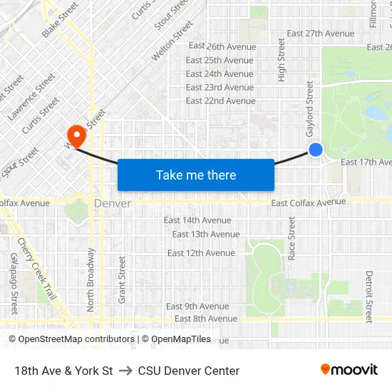 18th Ave & York St to CSU Denver Center map