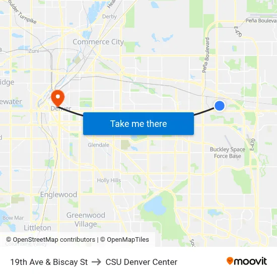 19th Ave & Biscay St to CSU Denver Center map