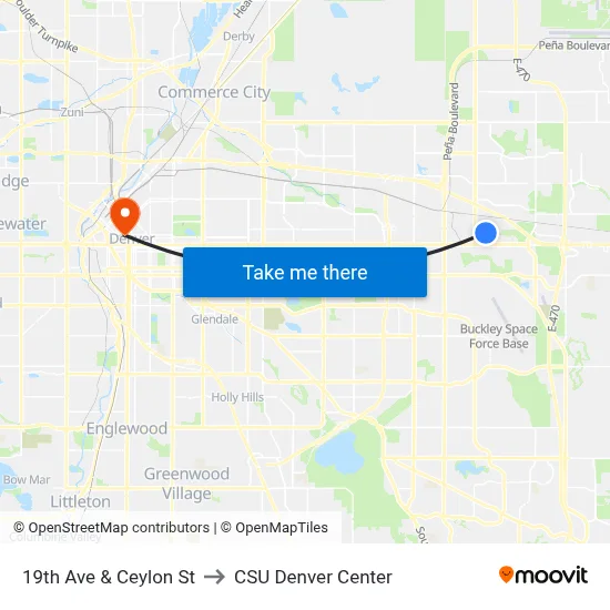 19th Ave & Ceylon St to CSU Denver Center map